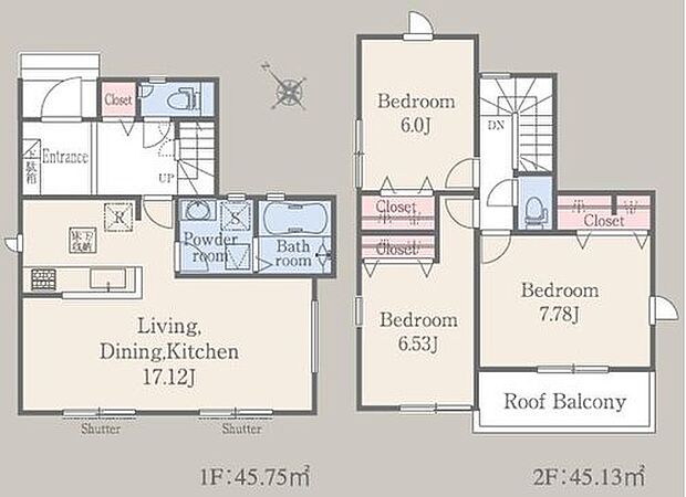 (１号棟)、3LDK、土地面積114.13m2、建物面積91.08m2