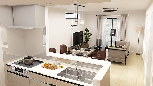 『完成予想図』
明るく開放感のあるリビング。対面式キッチンは、いつでもご家族を感じられる空間作りの重要ポイントになりそうです。※家具をCGで加工しています。家具付き販売ではございません。
