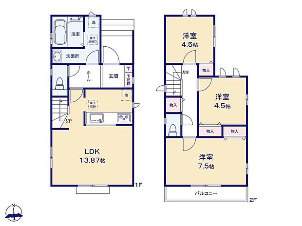 (A号棟)、3LDK、土地面積95.28m2、建物面積75.76m2