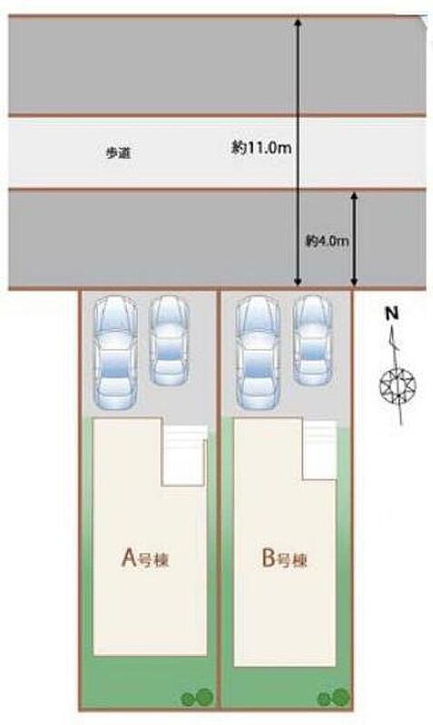 前面道路約11mの開放感あふれる立地です♪車種により2台駐車可能です。