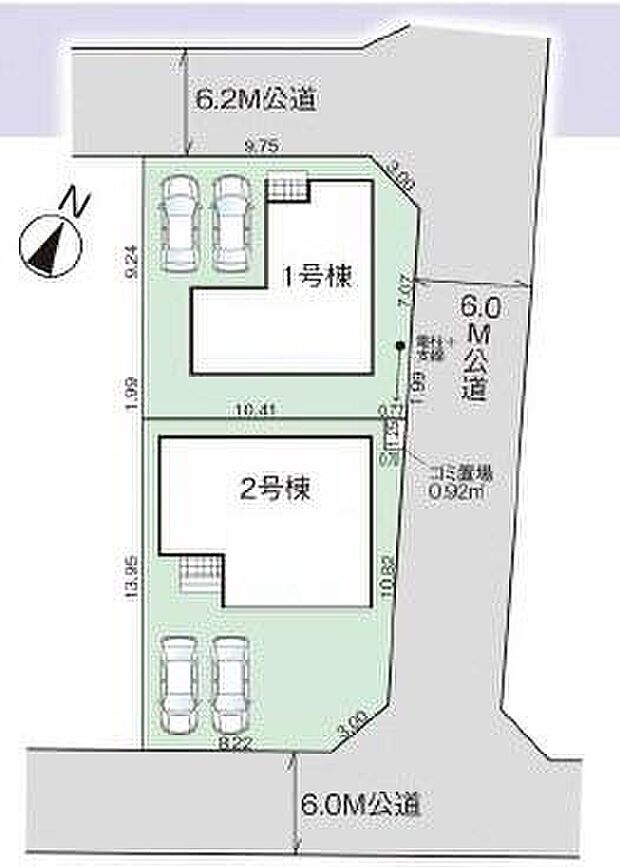 1号棟・2号棟ともに角地です!前面道路が約6mと広めなので開放感があります。周辺は第一種低層住居専用地域で落ち着いた住環境です。カースペース並列2台分!