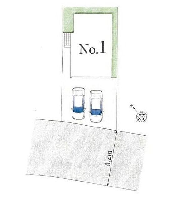 【全体区画図】４２坪超のゆとりある敷地♪駐車２台可です。前面道路は８．２ｍと開放感がございます