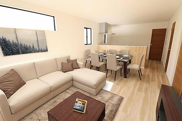 【リビング】明るく開放感のあるリビング。対面式キッチンは、いつでもご家族を感じられる空間作りの重要ポイントになりそうです。※家具をCGで加工しています。家具付き販売ではございません。