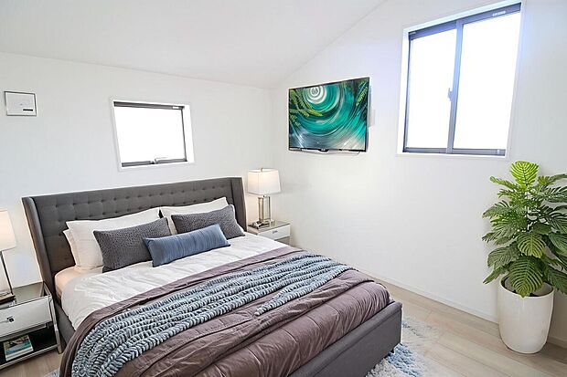 【洋室】日当りの良さは写真でも充分に伝わるかと思いますが、開放感のある周囲にめぐまれたおかげで、風通しもとても良くなっております。※家具をCGで加工しています。家具付き販売ではございません。