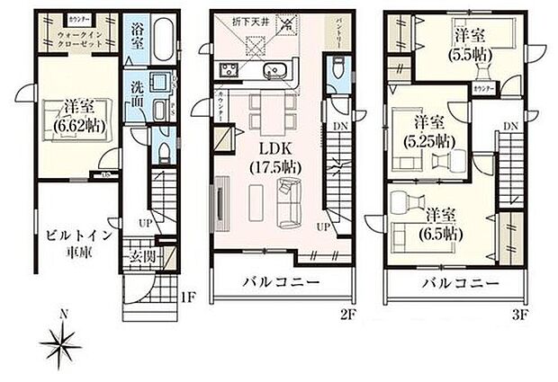 【4LDK】☆広々17.5帖LDK☆
2階リビングで陽当たり良好!リビングイン階段の間取りは自然と家族がつながる動線です。リビングの一角にカウンターがあり、スタディーコーナーにも最適!