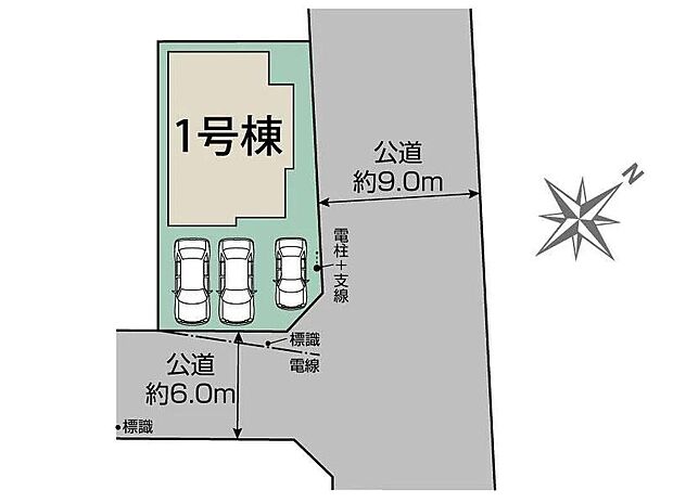【全体区画図】道幅の広い角地なので明るく開放感に溢れた好立地です。車種により３台駐車可能です。