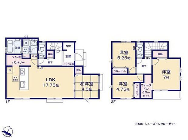 【4LDK】☆収納たっぷり☆
玄関にはベビーカーなどの収納に最適なシューズクローク、キッチンには大容量パントリー、２階の主寝室となる７帖洋室にはWICを設置！すっきりと片付けられますね。