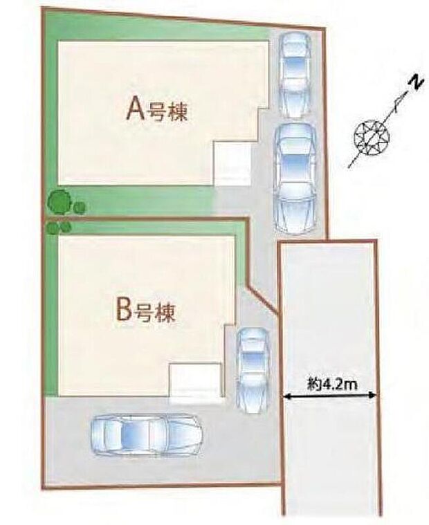【全体区画図】車種によりカースペース2台駐車可能です♪ご夫婦ともに車通勤というご家族も安心です。