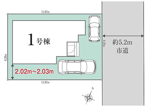 【全体区画図】車種により２台駐車可能です♪前面道路は約５．２ｍでゆとりがあります。