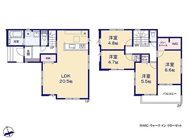 【4LDK】☆ウォークインクローゼット完備☆2階8.6帖洋室は大容量のWICとフリースペース付き。フリースペースは収納として、趣味のコーナーやテレワークスペースとしてなど多用途にお使いいただけます♪