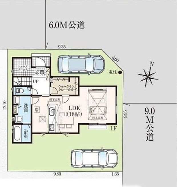 【全体区画図】北側6m×東側9mの角地にて、開放感がございます。車種により2台駐車可能です♪