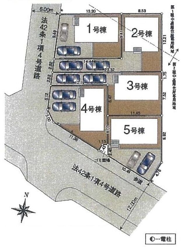 【全体区画図】全５棟の個性あふれる間取りの分譲地♪車種によりカースペース２台駐車可能です。