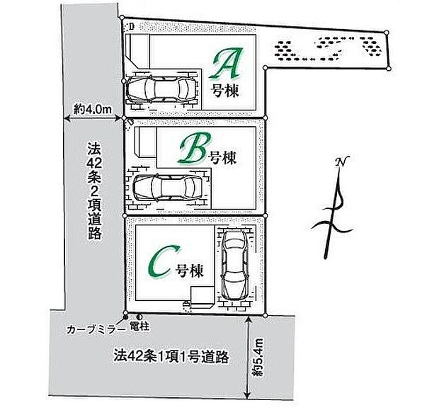 【 全体区画図】全棟カースペース完備。ビルトインカースペースで土地を有効活用！買い物施設が豊富な利便性と住み心地の良さを両立したお住まい！