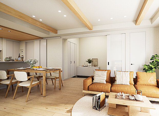 【完成予想内観パース】2号棟
荷物の多い日やベビーカーもスムーズに出し入れ可能な広々土間玄関。
雨の日や泥遊び後でも室内を汚さず、お手入れもらくちんです。