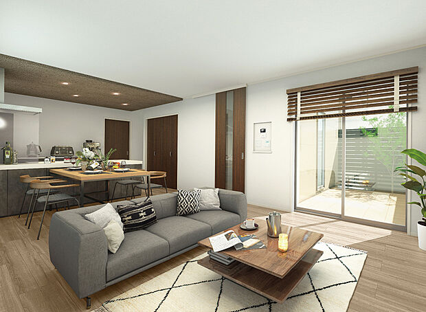 【【内観イメージパース】2号棟】タイルテラスのセカンドリビング。
目隠しフェンスでプライバシーを守ります。
水まわりがスムーズで快適な動線設計です。