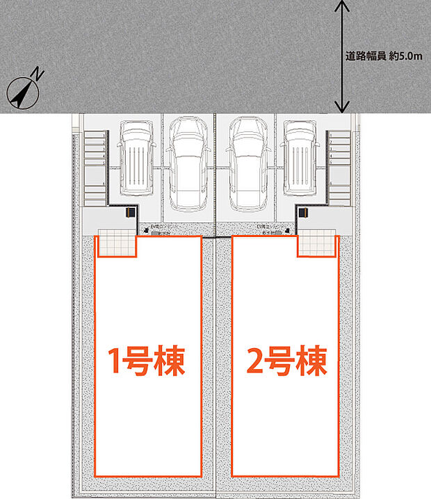 カースペースは並列２台（車種によります）
南側が現在駐車場の為陽当り良好です。
将来的に家が建つ事を想定し、吹抜けを設けたプランニングです。