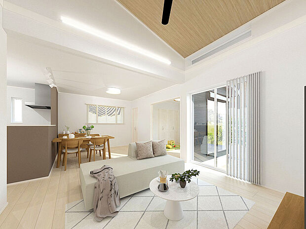 【93号棟 LDK】【93号棟】完成予想図
勾配天井の解放感と隣接する洋室のつながりが、家族の時間をやさしく包み込みLDK。
窓からのやわらかな光が、毎日の暮らしにほっとするあたたかさを広げます。