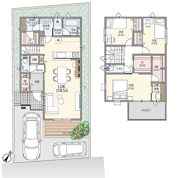 【3号棟参考プラン】ランドリースペースやファミリークロークをキッチン・洗面室近くに設けた家事ラクプラン。　18.5帖の広々としたLDKから続くウッドデッキでプールやBBQも楽しめます。