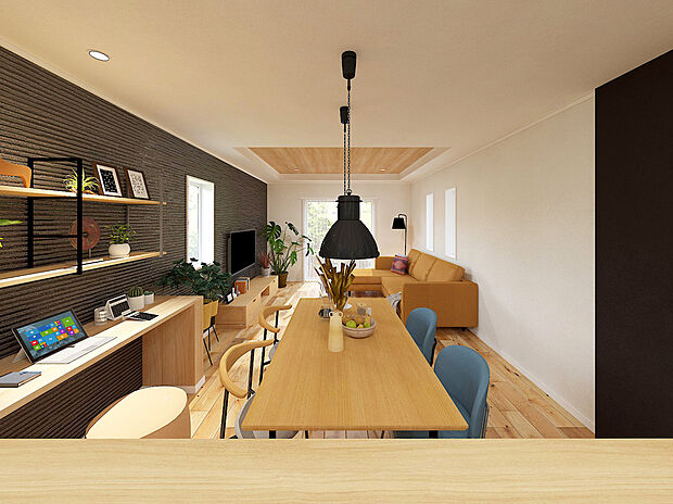 【3号棟LDK　イメージパース】キッチンからダイニング、リビングを望む家族ファーストレイアウト。リビングからウッドデッキに出られる動線もポイントです。