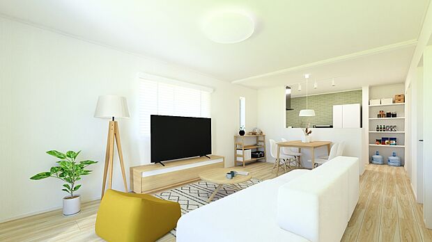 【1号棟LDK】18帖のLDK。日中は日が差し込み、あたたかでリラックスした空間でお過ごしいただけます。