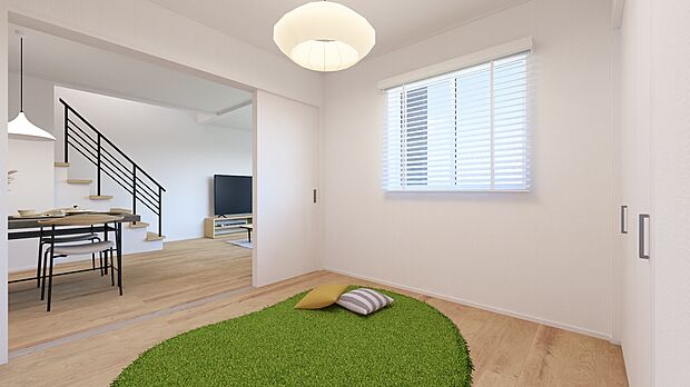 【(5号棟)完成予想図】1階に一つ居室を設けているため、来客時や、お子様が小さい間などは非常に便利です。