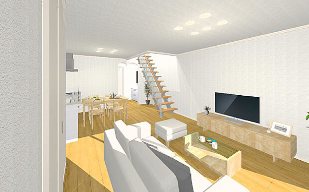 【モデルプラン】吹抜付リビング内階段で開放感あるLDKのご提案が可能です。