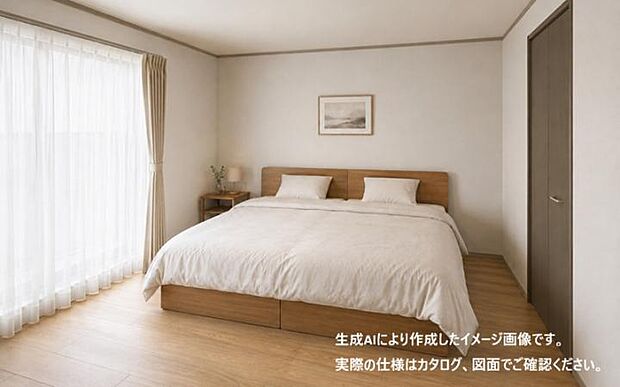 【【6号地】】ホテルライクな落ち着きとナチュラルな温もりが調和した主寝室。一日の疲れを癒し、心豊かな時間を育む寛ぎの空間。
