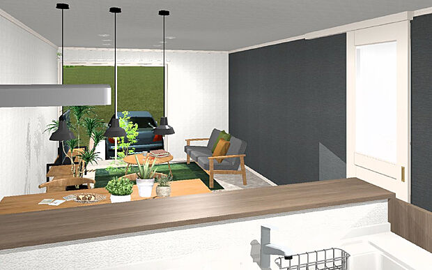 【モデルプラン】南面大開口から心地よい陽射を採りこむ設計です。