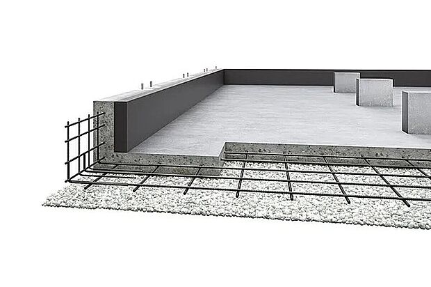 【ベタ基礎】建物をしっかり受け止めるベタ基礎。面で支えるから地盤にかかる負担も小さくでき、不同沈下による被害の軽減が期待出来ます(写真は2×6ユニット工法のものです)。