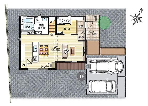 1階間取り図　玄関ホールに手洗いスペースを設置。手洗いの習慣化が身に付きます。