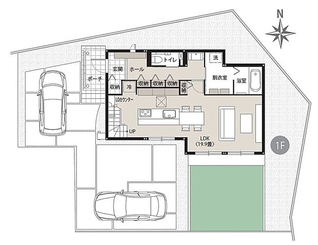 キッチンの奥に階段を配置。必ずリビングを通る設計が、家族の自然なコミュニケーションを育みます。