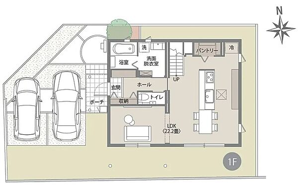 （1階間取図）22.2畳の広々LDKを中心に、パントリーやゆとりある洗面脱衣室など家事動線に配慮。並列2台駐車も可能で、暮らしやすさと安心を備えた住まいです。