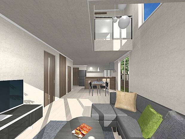 【建物プラン例(1号地)】建物参考価格3000万円(外構・付帯工事費等が別途必要となります)建物面積116.23m2、太陽光発電5.92kW、蓄電池4.9kWhの3LDK+Sです。※パースは、イメージです。家具等は、含まれません。