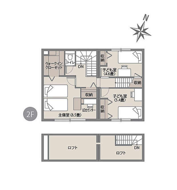 【3LDK】主寝室には書斎に使えるカウンターと大きなクローゼットを備え、自分時間も大切にできる空間に。最上階の広々ロフトは収納はもちろん、趣味を楽しむ場所としても活躍します。