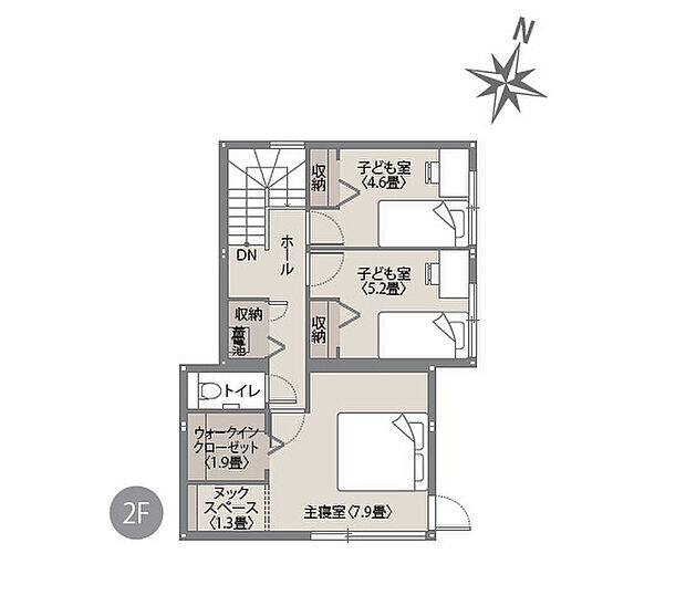 【3LDK】主寝室には1.9畳のWICを設け、衣類や季節物もすっきり収納。各居室にも収納があり、家族の荷物もしっかり収まります。廊下収納も備え、住まい全体をきれいに保てる間取りです。