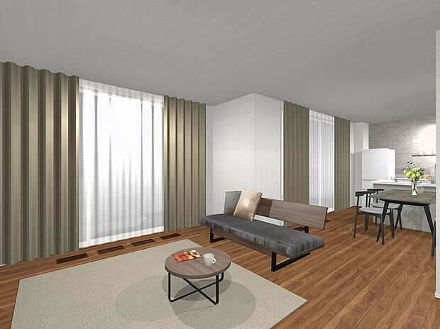 【2号地プラン例内観イメージ図（LDK）】建物価格4520万円、建物面積118.16ｍ2/ 建物価格は本プランでの参考価格となります。
※内観図に表示のある家具調度品植栽はイメージです。