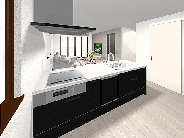 【【9号地プラン例】内観(キッチン)】建物価格4460万円、建物面積112.80m2 / 建物価格は本プランでの参考価格となります。
※内観図に表示のある家具調度品植栽はイメージです。