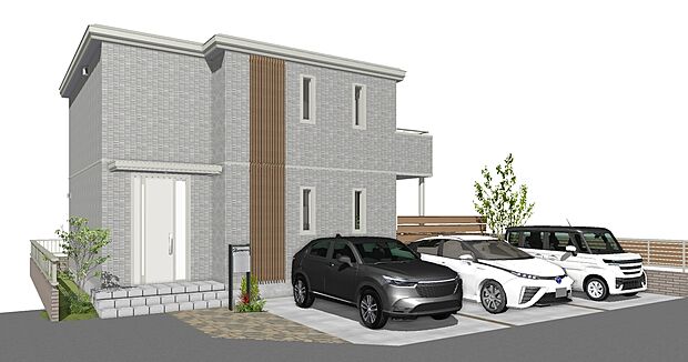 【1号地外観イメージ図】建物価格4195万円、建物面積115.01m2 / 建物価格は本プランでの参考価格となります。
※外観図に表示のある自動車、植栽等は価格に含まれません。