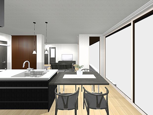 【2号地プラン例内観イメージ図（LDK）】建物価格4100万円、建物面積88.91m2 / 建物価格は本プランでの参考価格となります。
※内観図に表示のある家具調度品植栽はイメージです。
