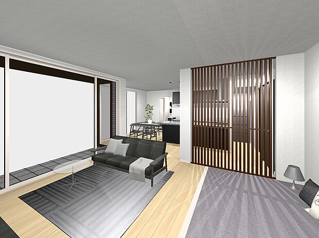 【2号地プラン例内観イメージ図（LDK）】建物価格4100万円、建物面積88.91m2 / 建物価格は本プランでの参考価格となります。
※内観図に表示のある家具調度品植栽はイメージです。
