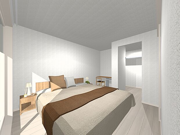 【5号地プラン例内観イメージ図（寝室）】建物価格4610万円、建物面積114.54m2 / 建物価格は本プランでの参考価格となります。
※内観図に表示のある家具調度品植栽はイメージです。
