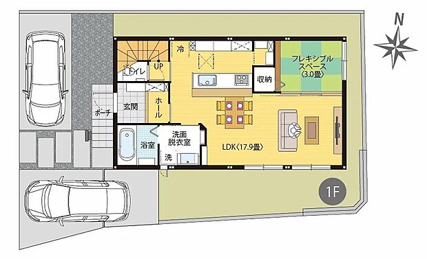 ☆１階間取り(５号地)
広々とした17.9畳のLDKに加え、フレキシブルスペースなど開放感あふれる住まい♪
家族でくつろいだり休日の時間を楽しめそうですね！
