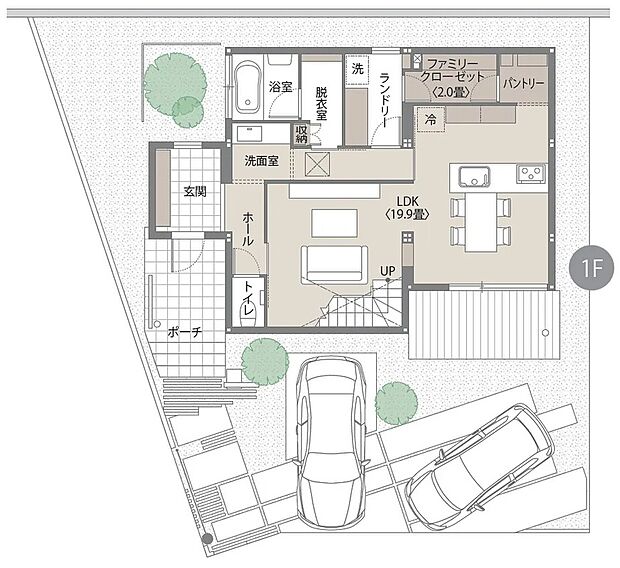 1階は19.9帖のゆとりあるリビングに加え、ランドリールームやファミリークローク、パントリーを備えた、家事効率と収納力に優れた快適な住まいです。