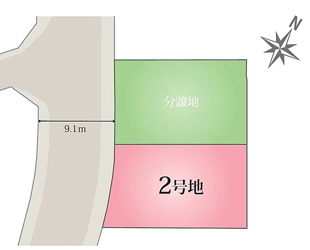 【全体区画図】カースペース2台分でゆとりある駐車が可能です。前面道路も約9mと広く、車の出し入れも安心ですね♪