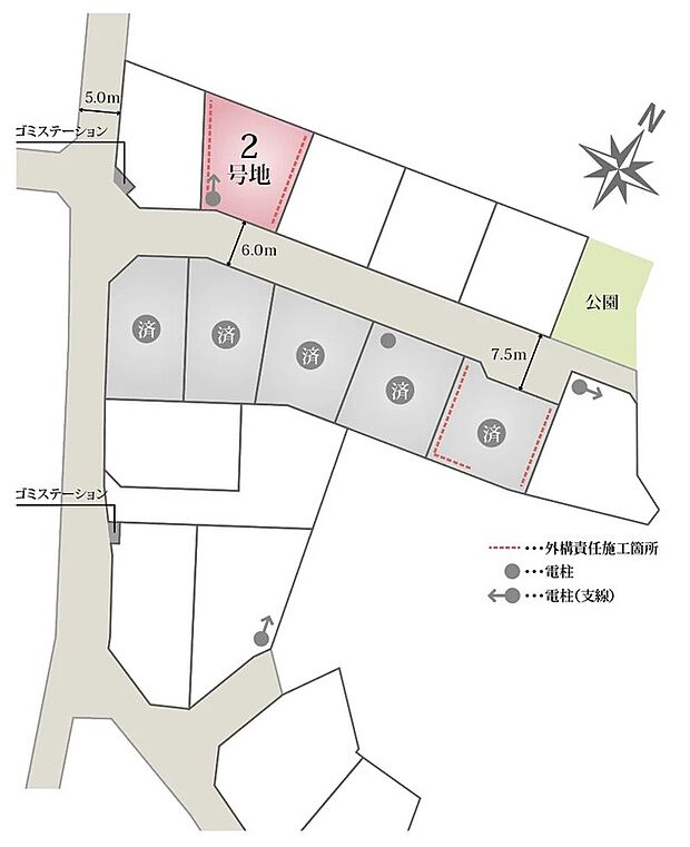 【全体区画図】南側約6mの前面道路に面し、カースペース2台分で駐車もスムーズに行えます。