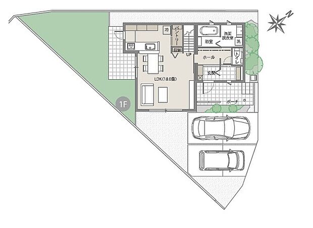 【スマートハイムシティ草戸10号地　１F】【間取りオススメpoint】(1)2way玄関で「見せる動線」と「片づける動線」に分けれます。(2)広々玄関ポーチで、雨天時に宅配便を受け取る際に濡れる心配がございません。
