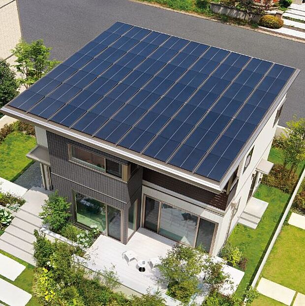 【大容量太陽光発電システム】太陽光発電と相性の良いフラット屋根を採用することで、大容量のソーラーパネルを設置できます。これにより大容量発電が可能となり、余った電気は売電によって収入にもつながります。