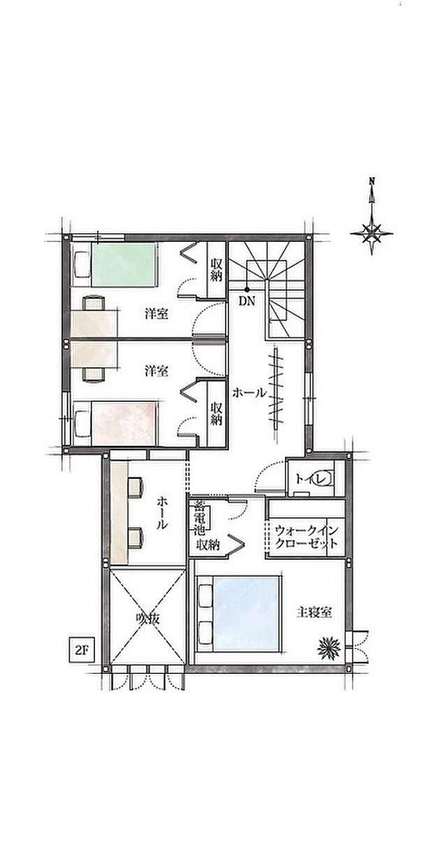 ★２階間取り図
家族それぞれの時間を大切にできる、ゆとりの個室設計。
ウォークインクローゼット付きで収納力も充実した２階空間♪