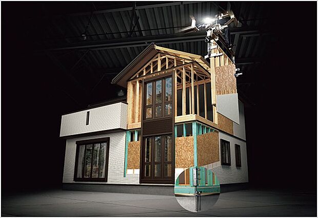 【アルティメイトモノコック構造(2×6)】(1)2×6工法をさらに頑丈にした独自の構造体。
(2)大切な家族を守り抜く頑丈な構造体。
(3)数百年に一度の地震※にも備えるユニット
※住宅性能表示制度の耐震等級(倒壊防止)に基づきます。