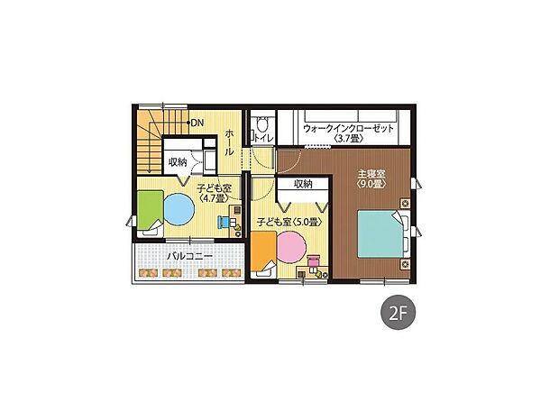 【3LDK＋WIC＋ユーティリティスペース】延床：114.61m2（34.66坪） 、1F：63.99m2（19.35坪） 、2F：50.62m2（15.31坪）